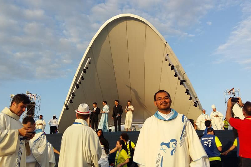 Fr. Luis Jesus Paz, O. Carm., vocation director for the Carmelites in El Salvador and professor at the Universidad Centro America, before the Mass with Pope Francis and thousands of youth from around the world begins.
